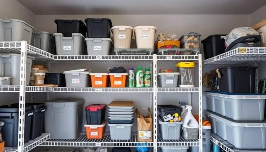 Organized Costco closet trend in a garage with labeled plastic bins.