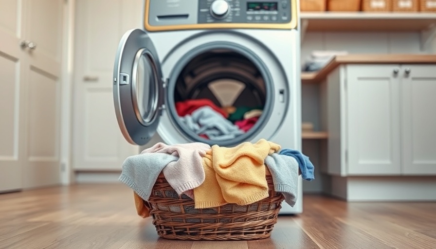 Modern laundry room scene with open dryer and basket.