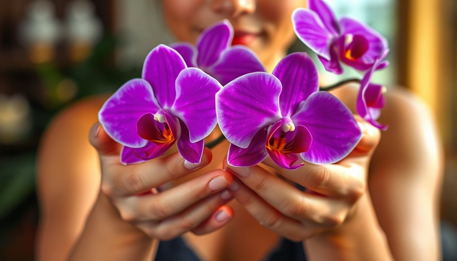 Hands nurturing purple orchids indoors, care for orchids.