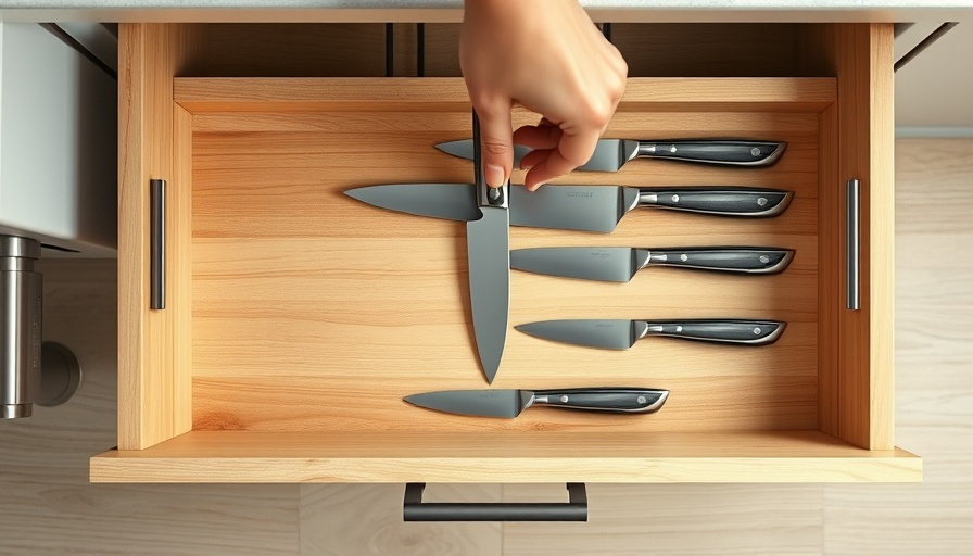 Organized knife drawer using best kitchen drawer organizers, top-down view.