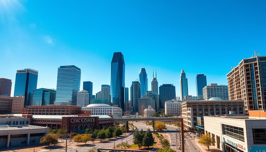 Skyline view of downtown Dallas, bustling city life.