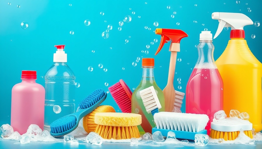 Colorful cleaning supplies and bubbles for spring cleaning hacks.