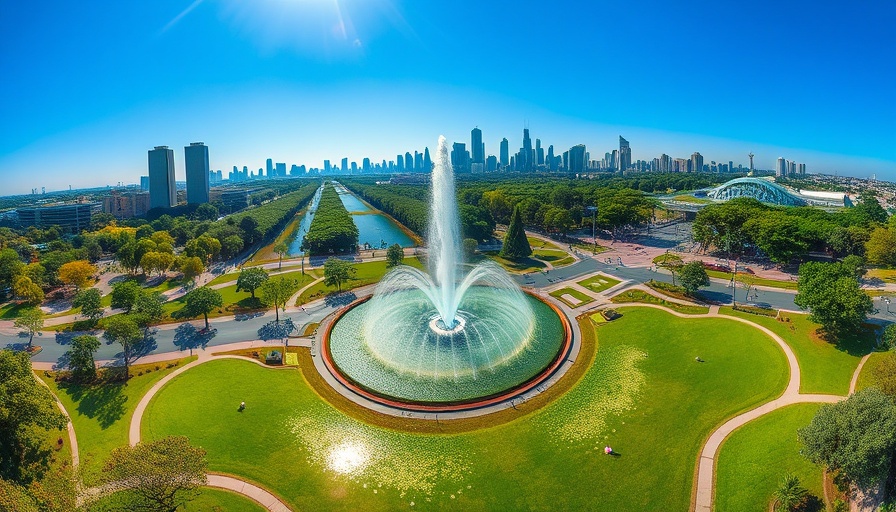 Aerial view of Houston park fountain with rainbow effect in April.