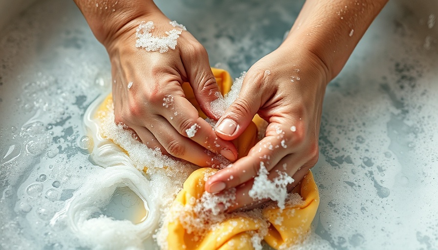 Hands scrubbing clothes in soapy water for laundry stripping.