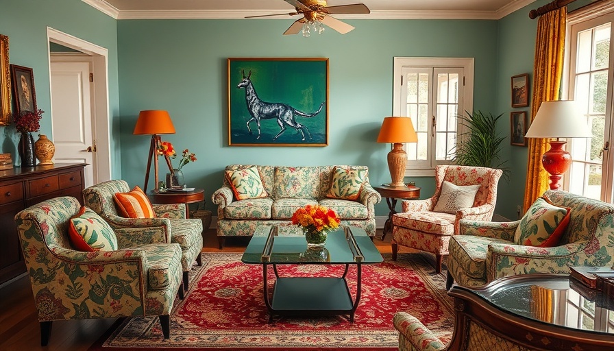 Retro living room with 1980s design elements including eclectic decor and vibrant colors.