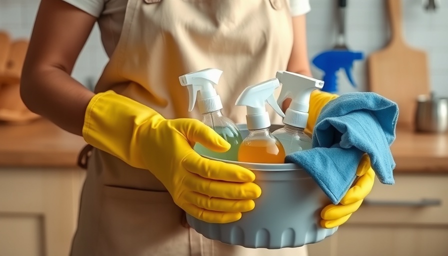 Person in apron holding cleaning supplies in kitchen