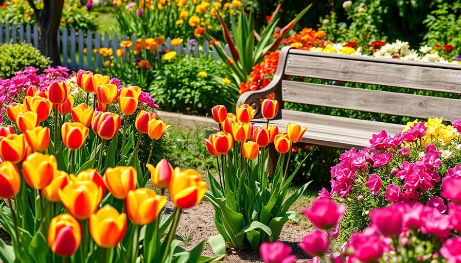 Vibrant garden with tulips and bench, Gardening Trends 2025.