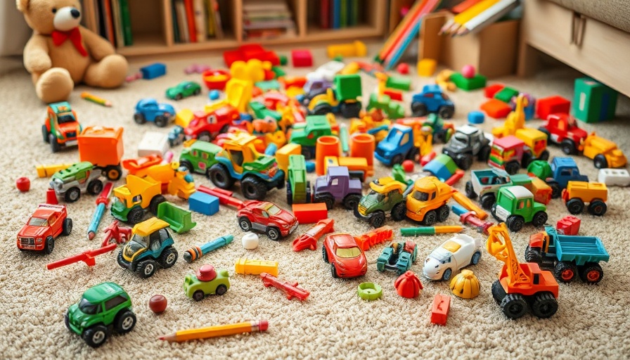 Varied toy clutter on beige carpet illustrating effective toy decluttering techniques.