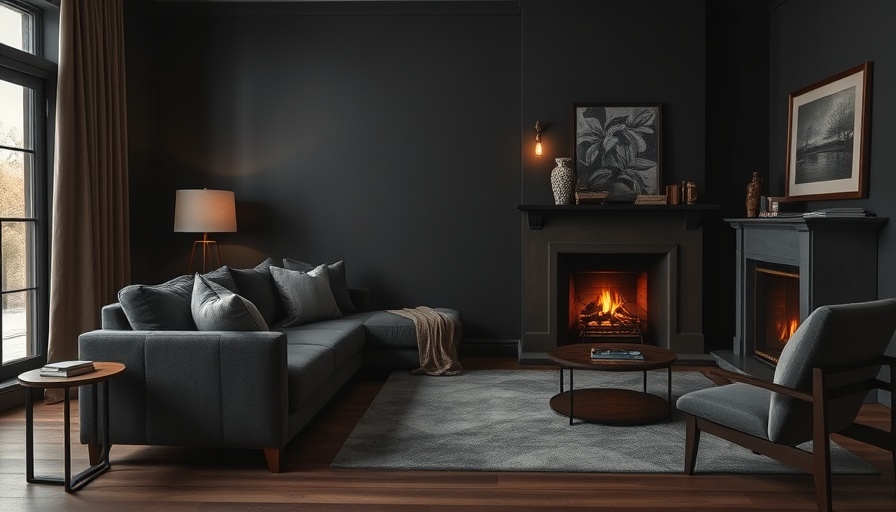 Color drenching in dark living room with gray tones and vintage decor.
