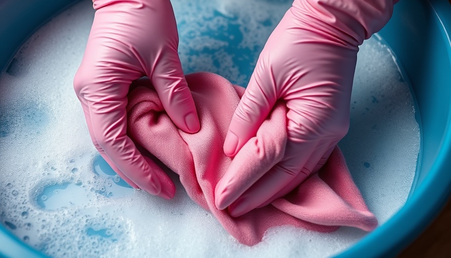Hands cleaning stained cloth in soapy water, stain removal