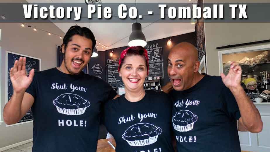 Victory Pie Co. Tomball, joyful woman serving pies in charming shop.