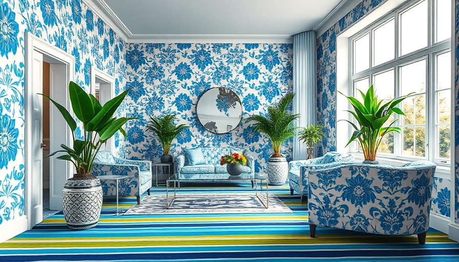 Interior showcasing pattern drenching in blue and white design.