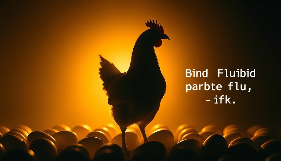 Silhouette of chicken with eggs and bird flu text overlay.