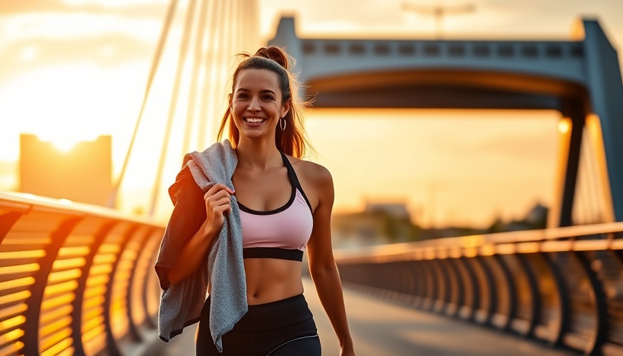 Confident woman walking on bridge at sunset, body neutrality.
