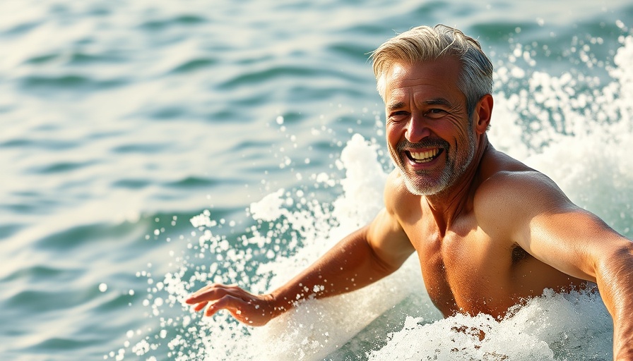 Older man surfing to optimize testosterone naturally in vibrant ocean.