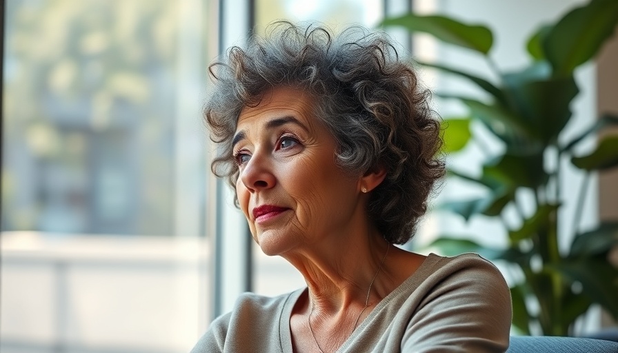 Reflective older woman contemplating at office, highlighting menopause and mental health.
