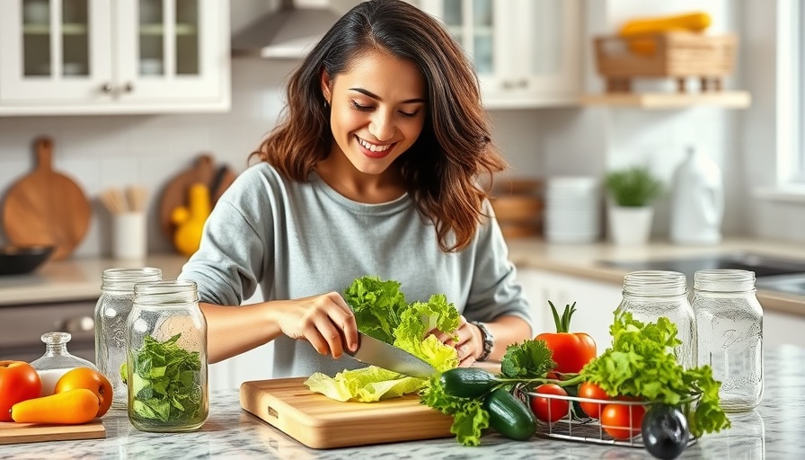 Smiling woman preparing Mason jar salad with lettuce and vegetables.