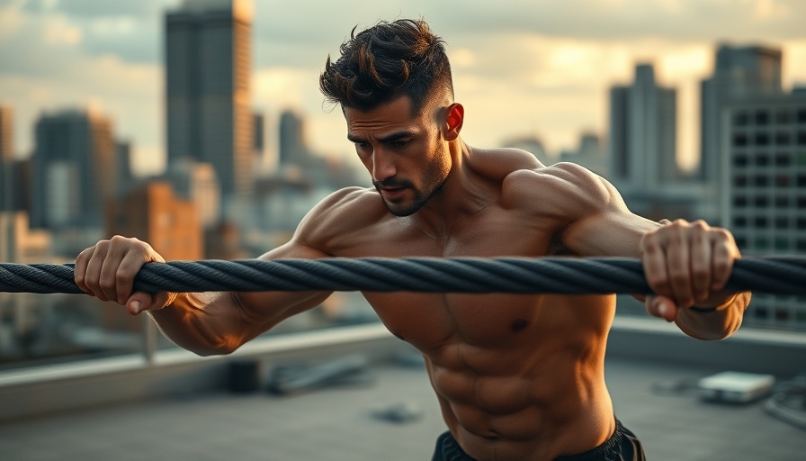 Athlete training with battle ropes on rooftop, train like an athlete.
