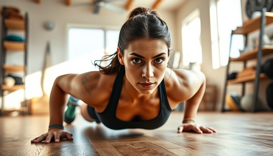 Woman performing push-ups during a 12-minute no-equipment AMRAP workout.