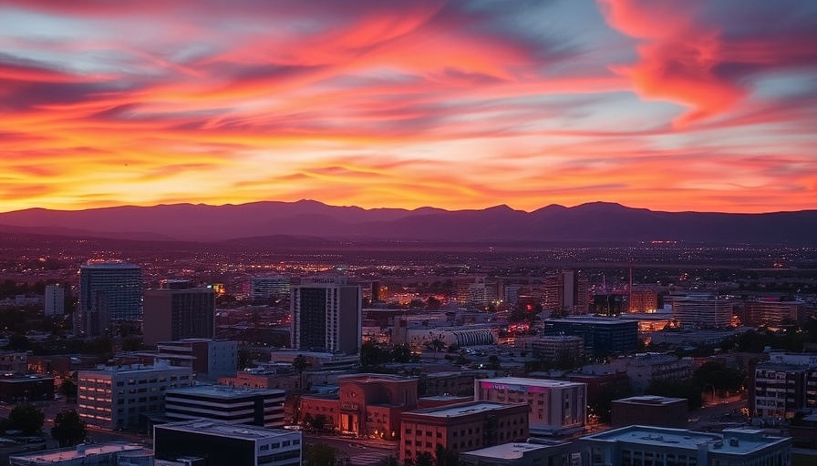 Vibrant El Paso cityscape at sunset with lively lights.