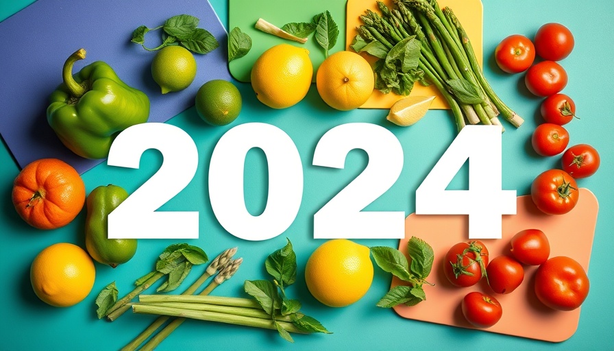 Colorful flatlay with veggies and fruits for NutritionFacts.org 2024 Year in Review.