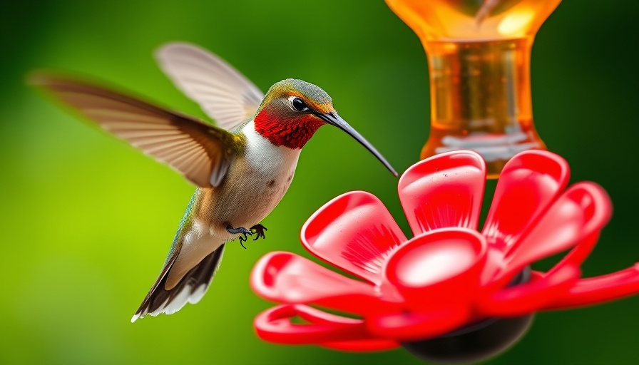 Hummingbird feeding at red feeder in a vibrant garden setting.