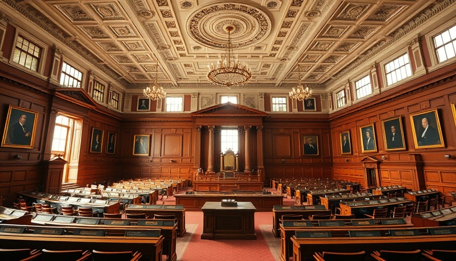 Empty legislative chamber reflecting opposition to Abbott’s Voucher Plan, highlighting historical setting in warm tones.