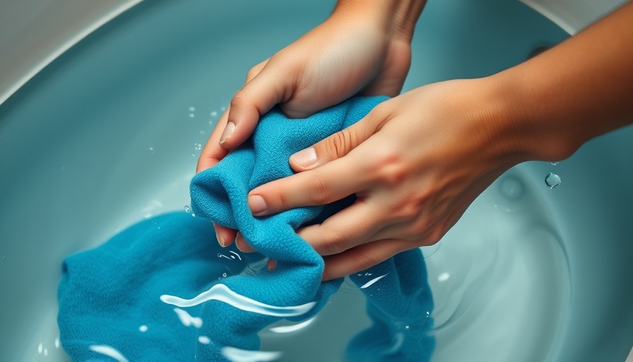 Hands expertly hand-washing blue fabric in water.