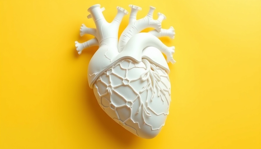 Detailed white heart model on yellow background, highlighting risks and benefits of angioplasty and heart stents.