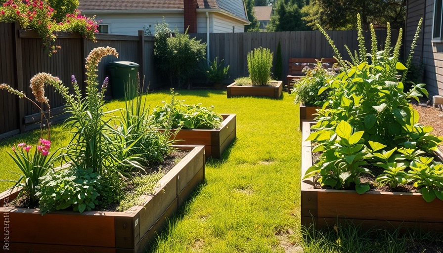 Raised garden beds showcasing sustainable gardening practices with various plants.