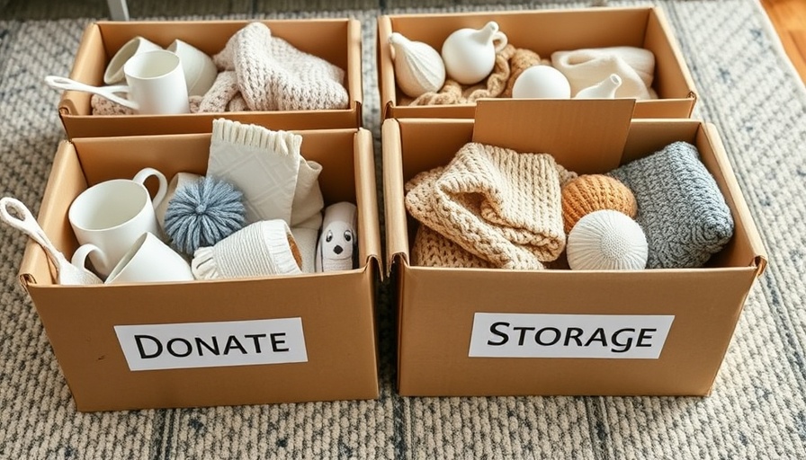 Organized four-box decluttering method with labeled boxes on a rug.