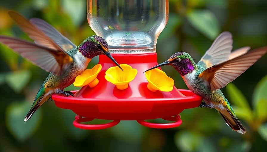 Hummingbirds feeding at a red feeder, vibrant colors.