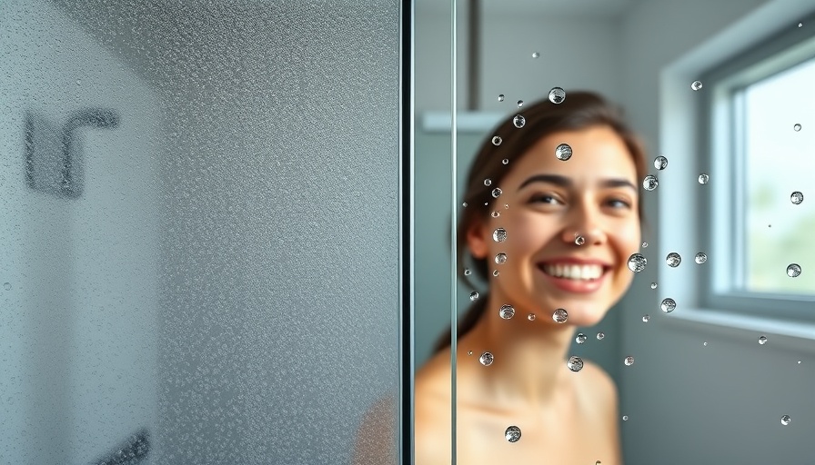 Smart cleaning products comparison on shower glass with person visible.