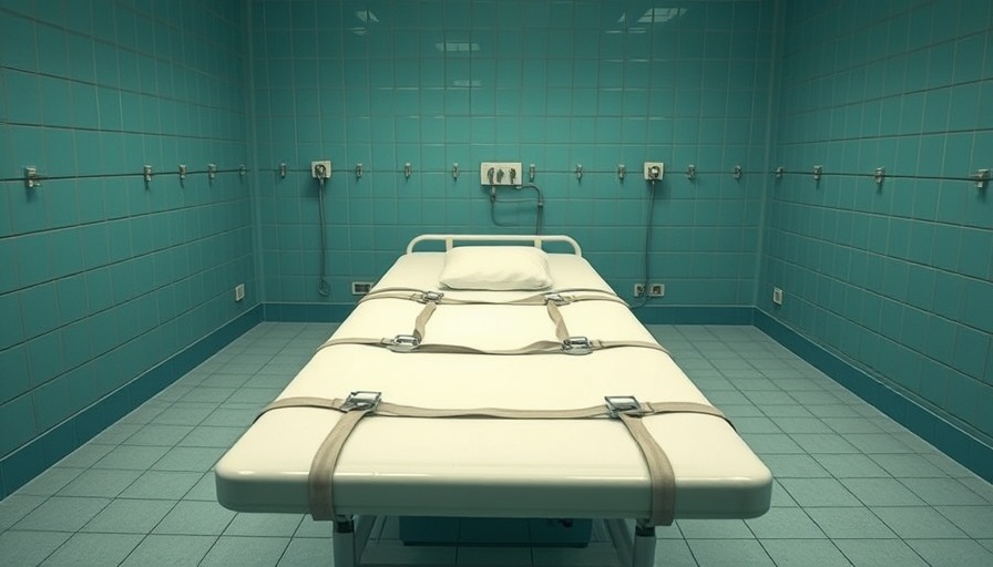 Sterile execution chamber bed with restraints in a turquoise room.