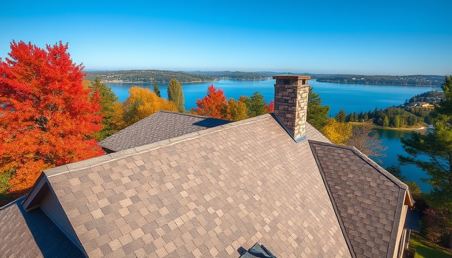 Aerial view of a traditional house roof near a lake.