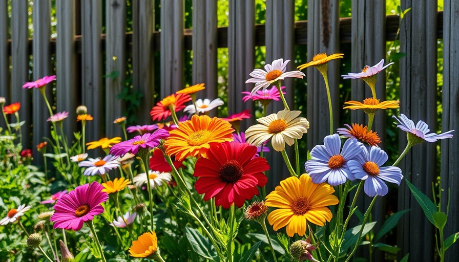 Vibrant summer flowers for backyard garden near rustic fence.