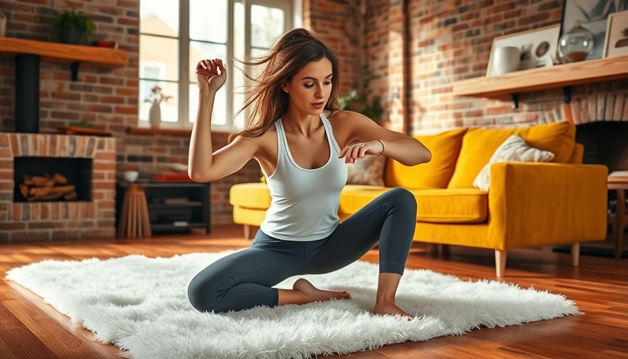 Woman practicing Pvolve workout in home living area.