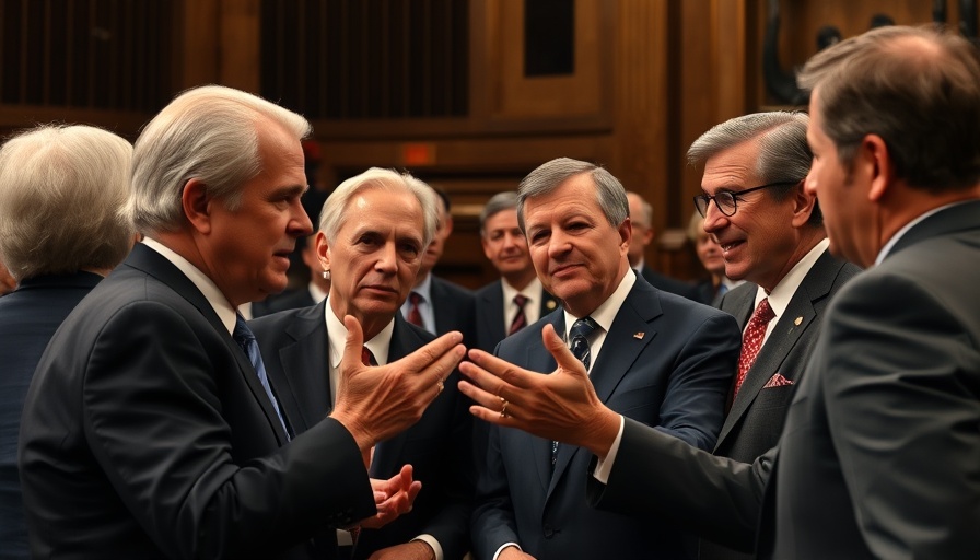 Prominent figures in Texas legislative chamber discussing.