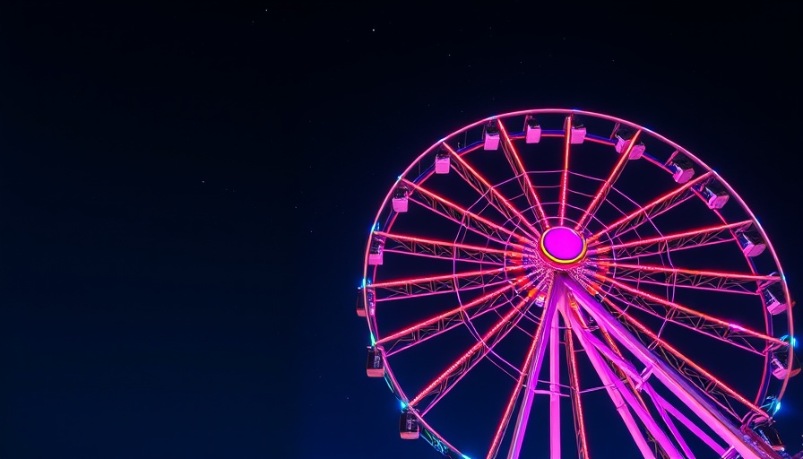 Nighttime Ferris wheel with starry sky, vibrant colors glowing.