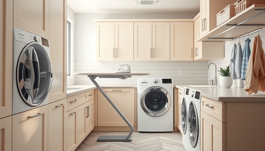 Innovative retractable ironing board in a modern laundry room.