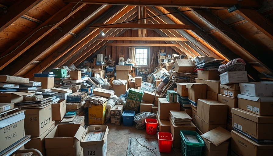 Cluttered attic with boxes; things to throw out in your attic.