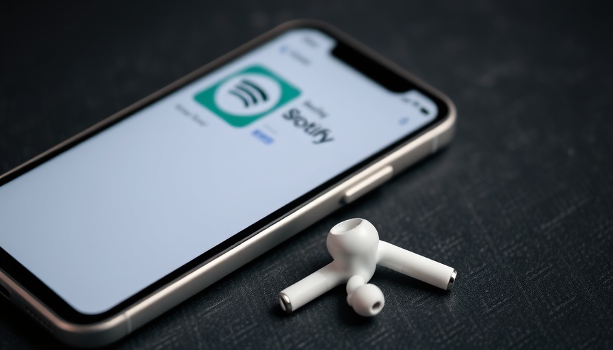 White AirPods and smartphone showing Spotify and Music apps.