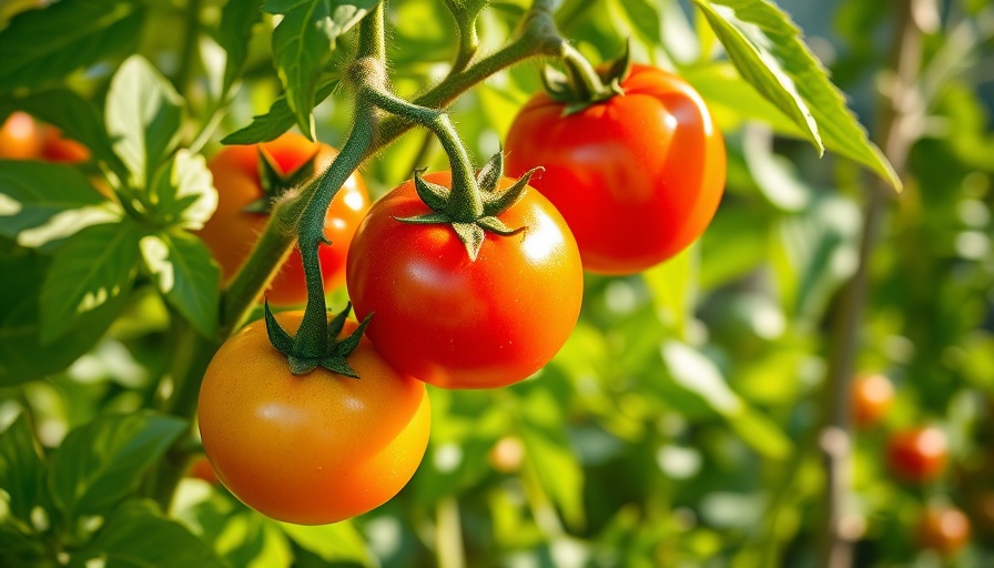 Thriving tomato plant with ripe and green tomatoes in a garden.