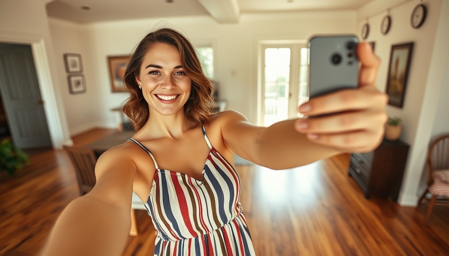 Woman in sundress taking selfie at home.