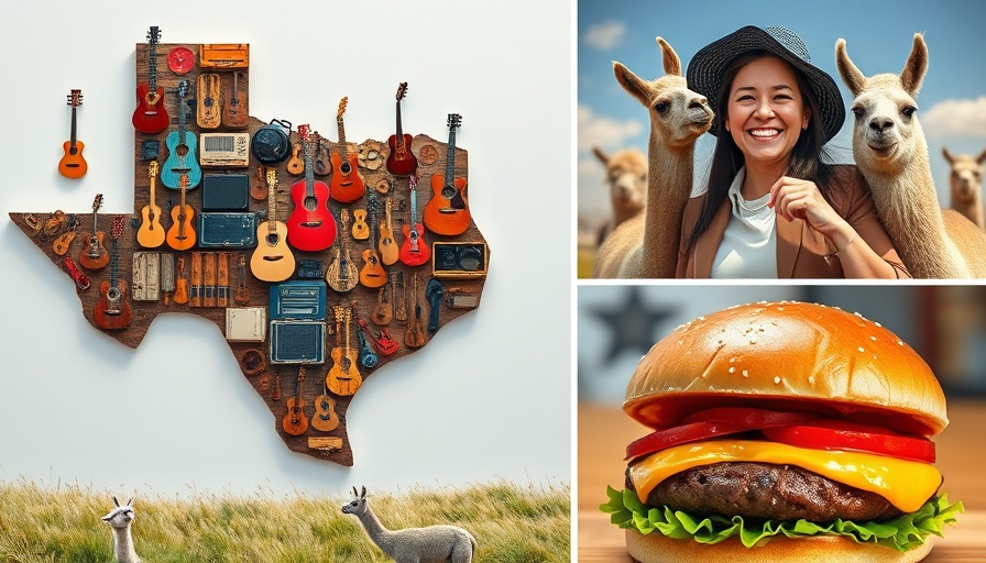 Vivid collage of art, llamas, and burger for day trips from Dallas.