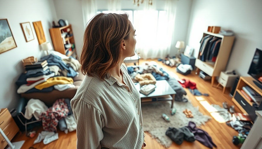 Clutter blindness concept with woman in messy room.