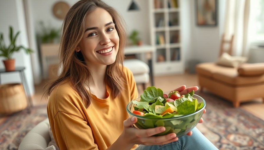 Young woman enjoying healthy salad in vibrant living room, cheap meal prep ideas.
