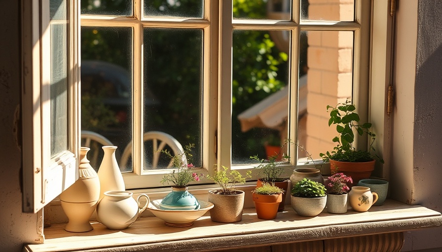 Vintage window sill decorating ideas with ceramics and sunlight.