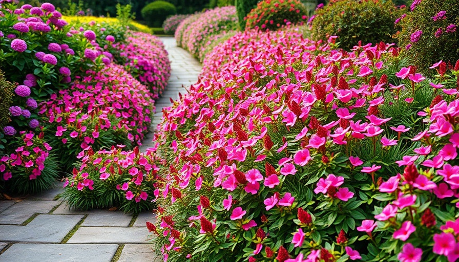 Vibrant garden pathway with best ground cover plants and flowers.