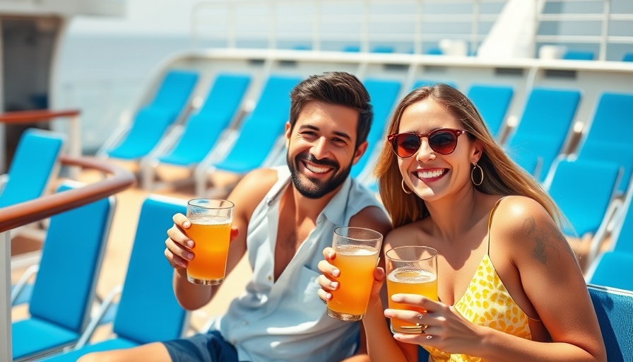 Couple enjoying drinks on a cruise deck under the sun.